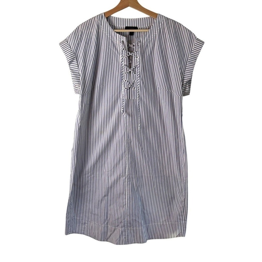 J. Crew Shift Dress Blue White Women Large Tall Striped Lace-Up Cotton